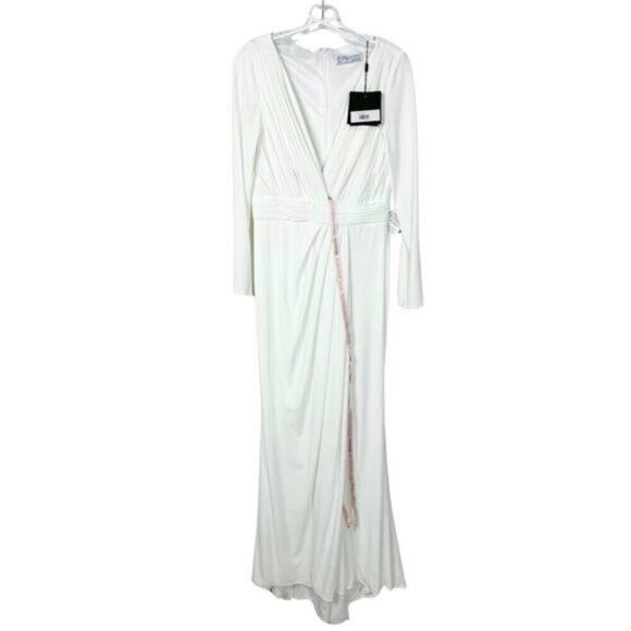 FLAWED - NWT Mac Duggal V-Neck Long Sleeve High Slit Gown White 10 #7939 - Picture 4 of 13